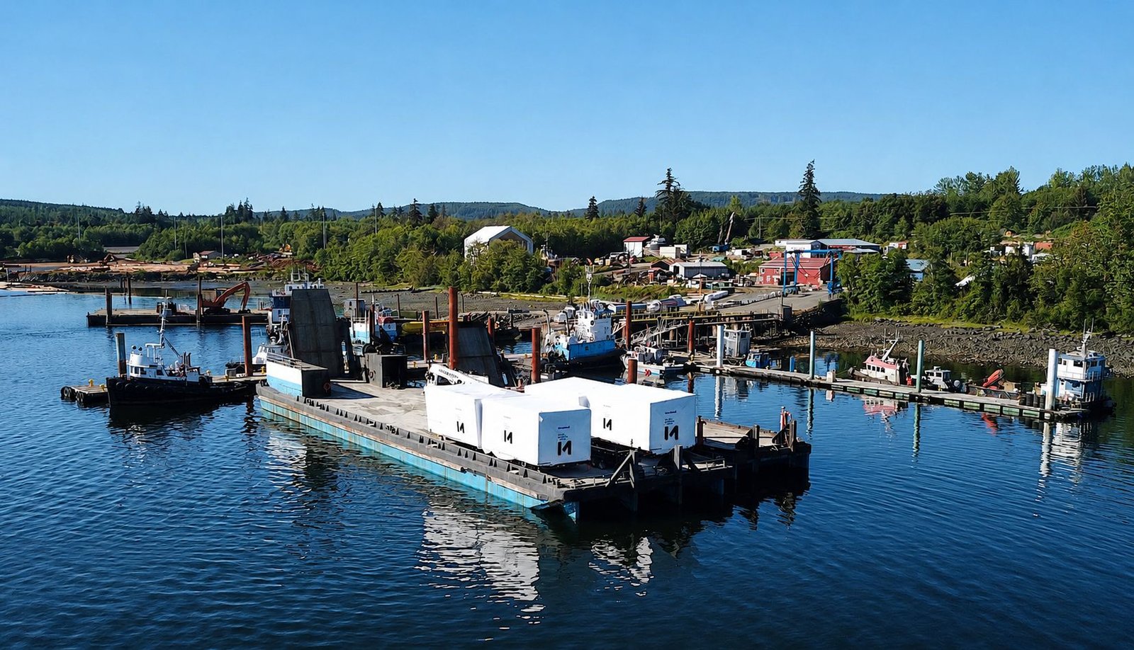 Four modules on a barge on the British Columbia coast