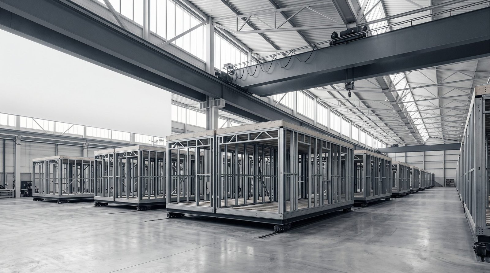 Light-gauge steel modules in production in a large manufacturing hall