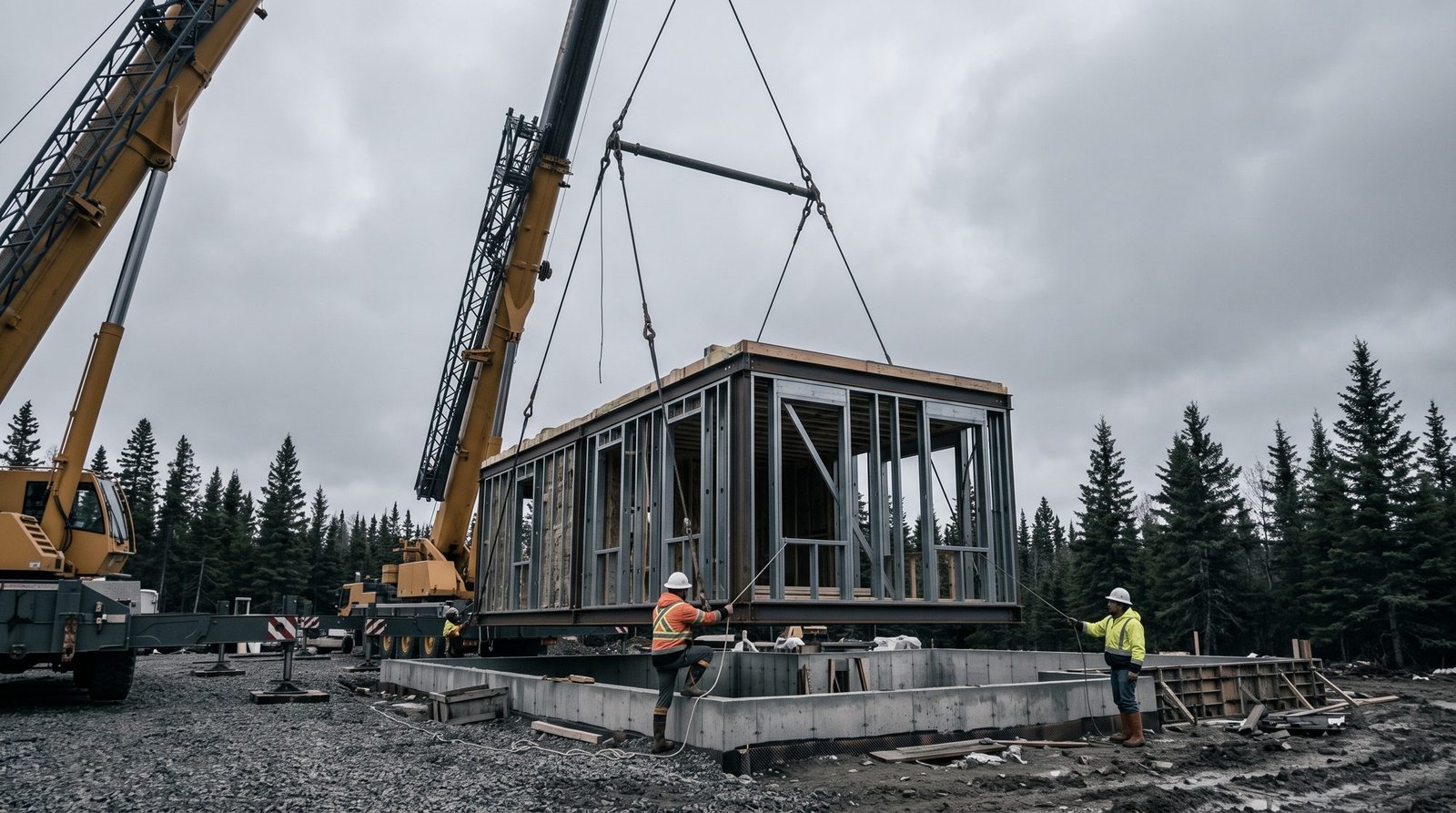 Crane setting a steel-framed module onto a foundation